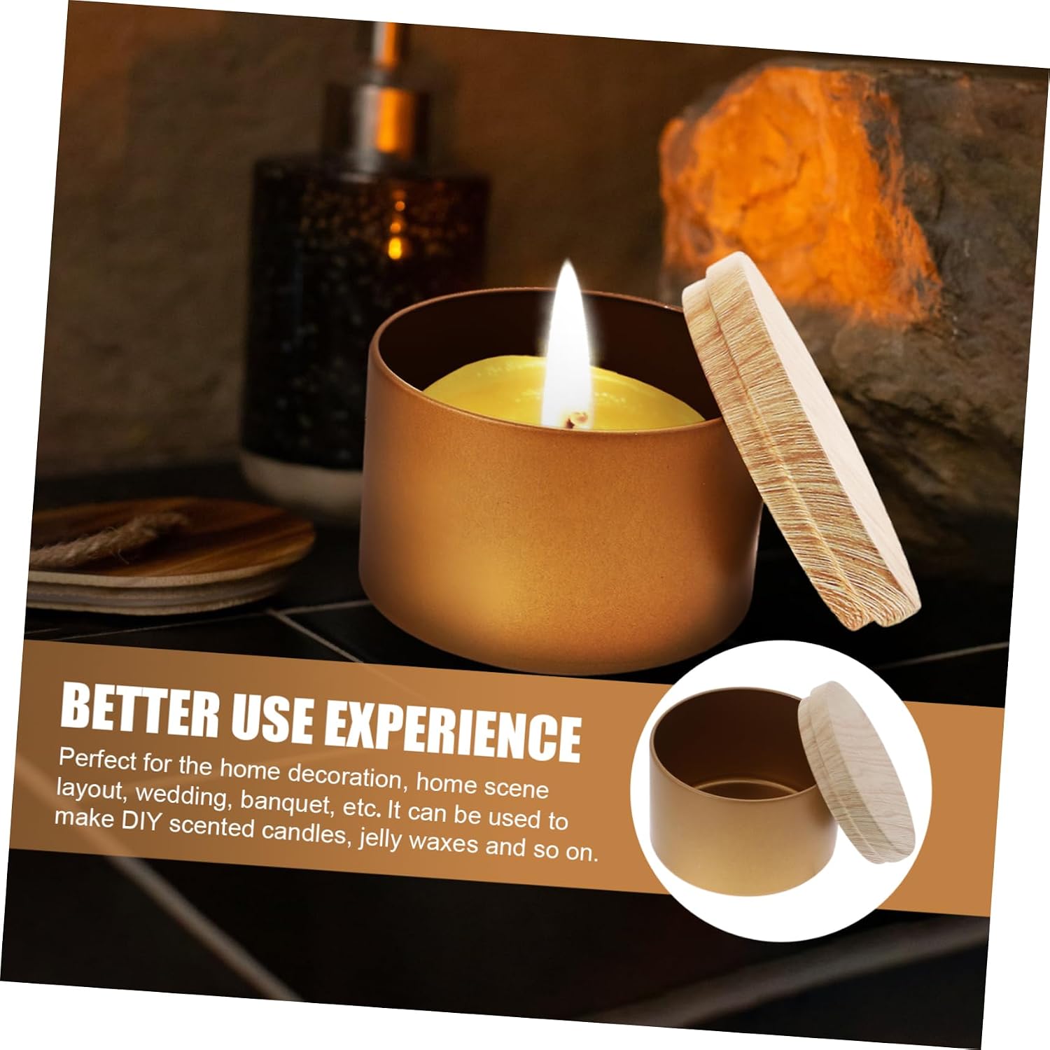 3pcs Gold Iron Candle Jars Wooden Lids Empty Candle Holders for Making Travel Storage Containers Fillable Wax Cups