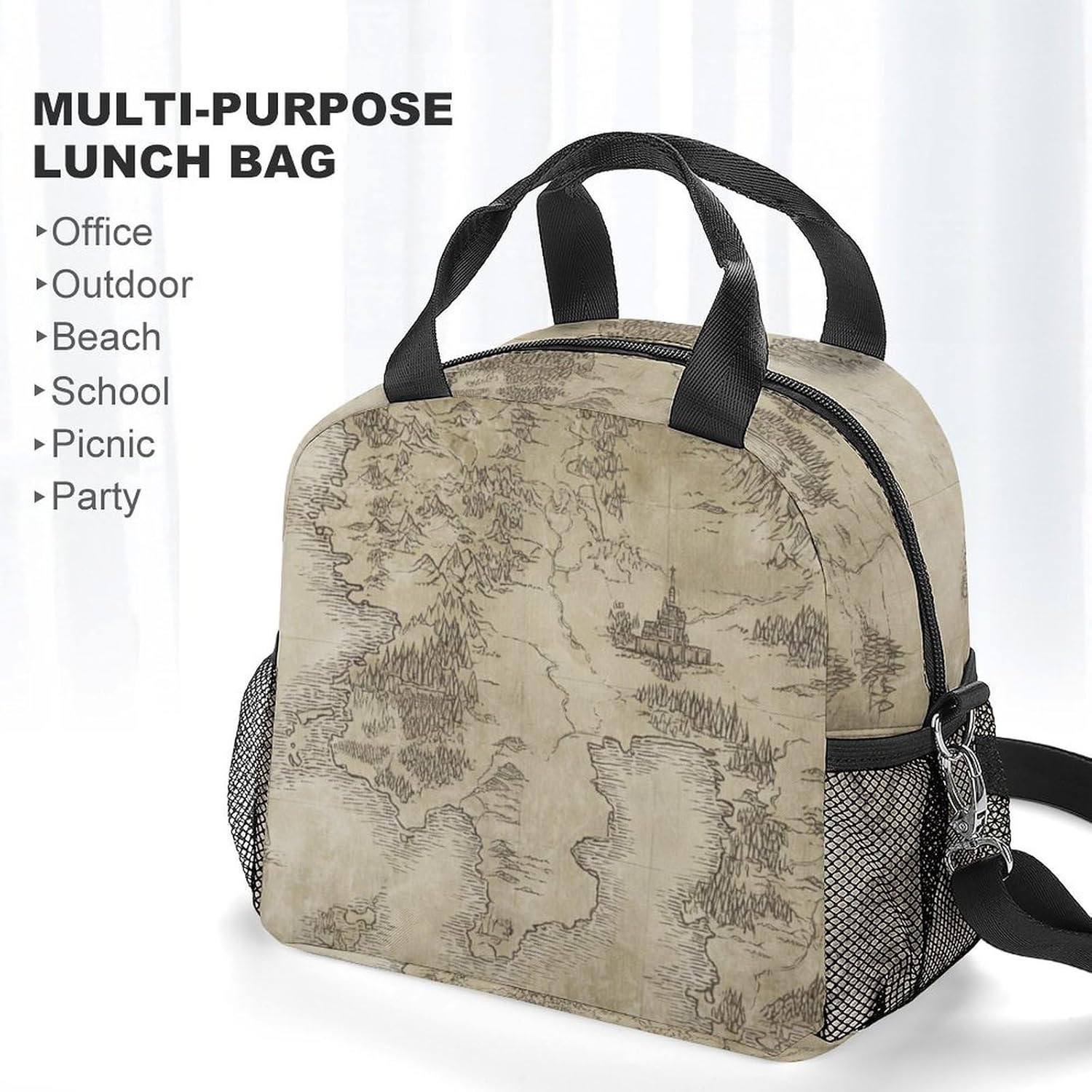Vintage Map Lunch Box Reusable Portable Insulated Lunch Bag Cooler Tote Box For Women/Men Multifunctional Zipper Lunch Box For Office Picnic Hiking 10x8inch