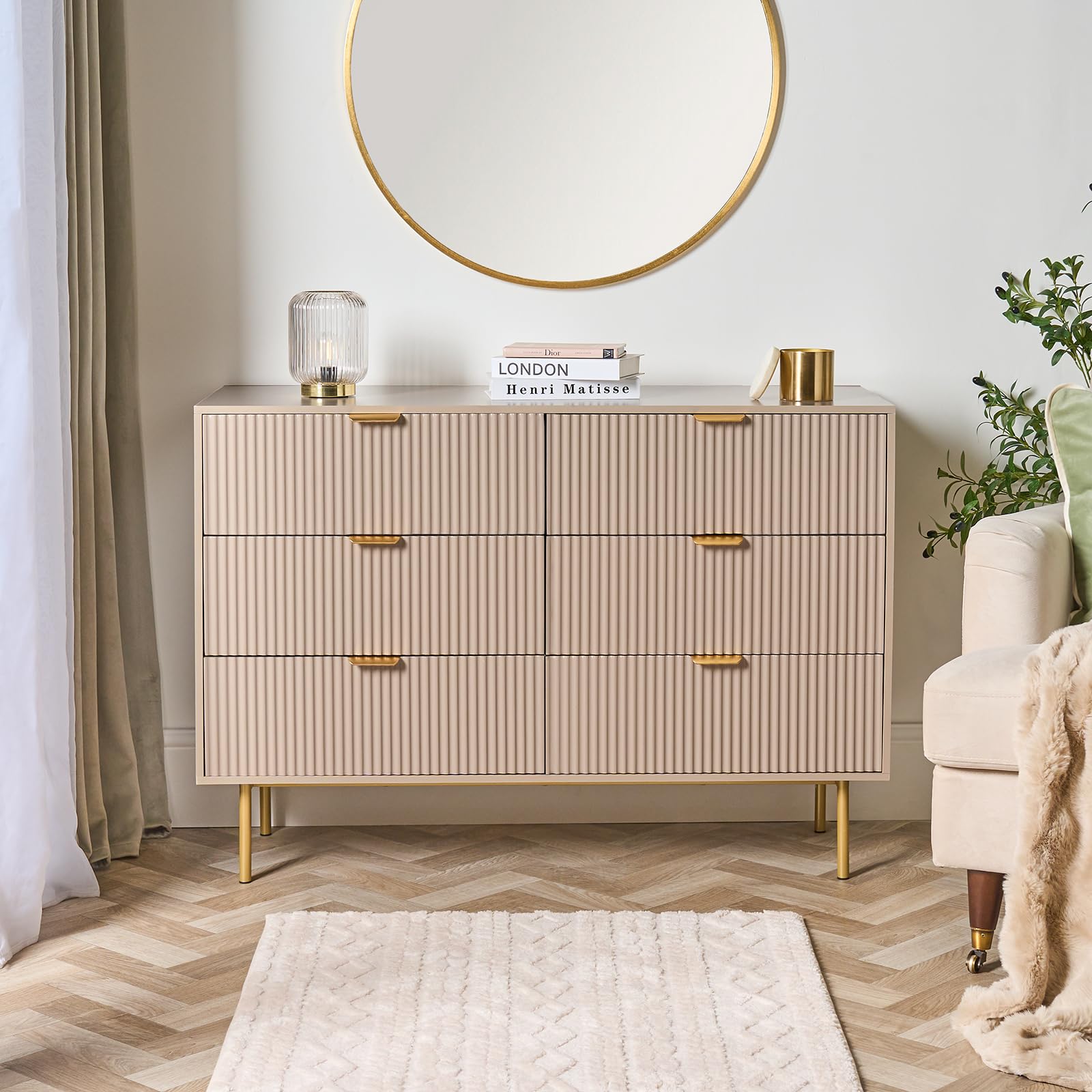 OHS Ribbed Chest of Drawers Bedroom 6 Drawers, Space Saving Wooden Storage Cabinet with Metal Handles Decorative Drawer Dresser for Bedroom Living Room Office, Taupe