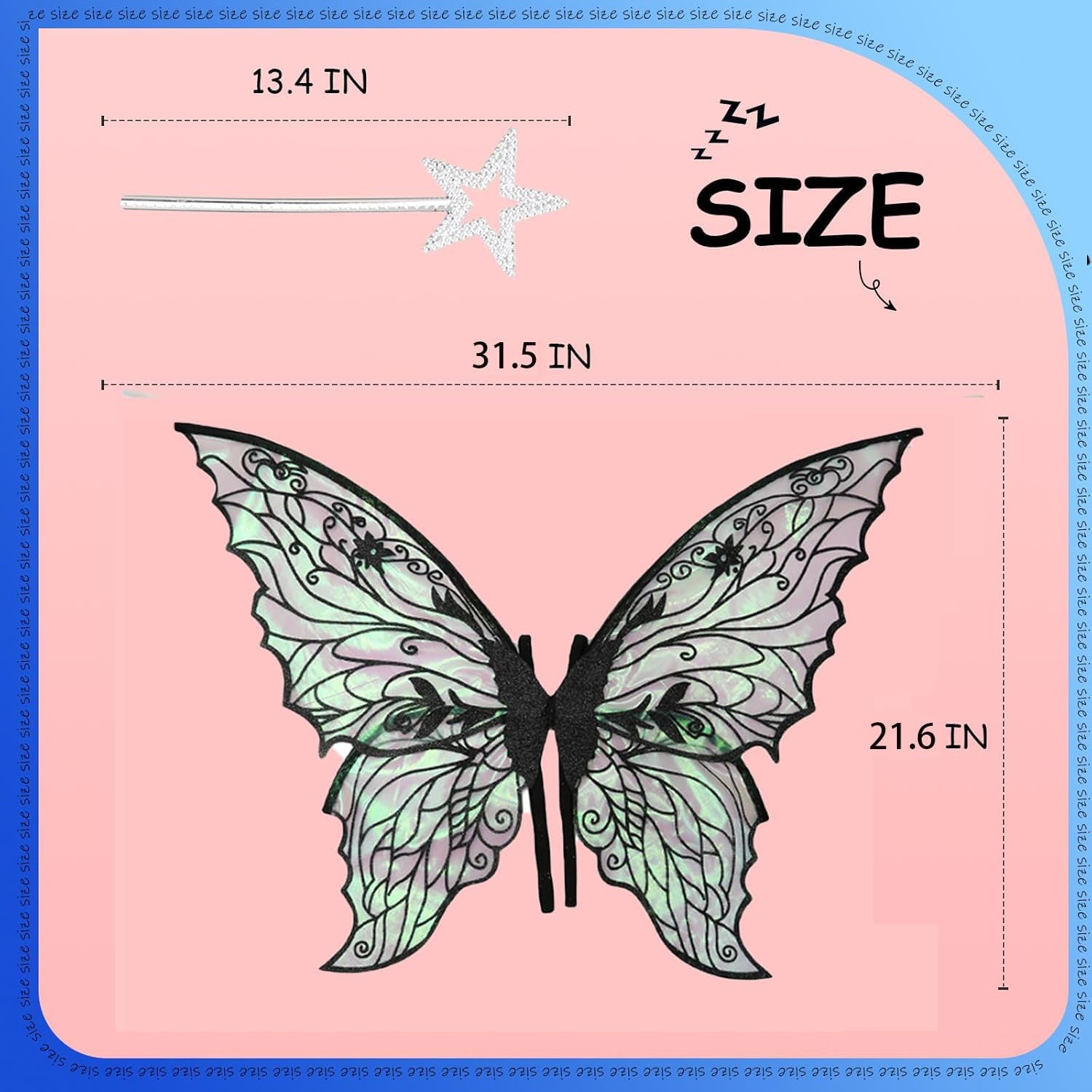 Fairy Wings for Adults, Fairy Costume Set with Floral Garland, Fairy Hair Tinsel, Wand & Elf Ears – 31.5"x21.6" Organza Butterfly Wings – Ideal for Cosplay, Party, Black