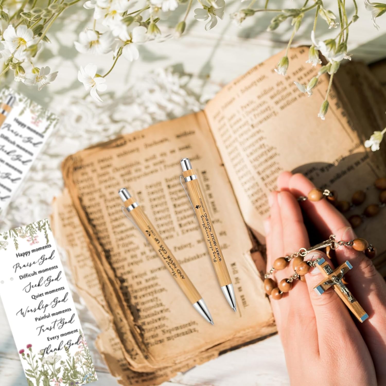 80 Set Christian Religious Gifts Bulk Mother's Day Include Bible Verse Pens and Inspirational Bookmarks Church Gifts Bulk Scripture Supplies for Women Pastor Coworker (Bamboo)