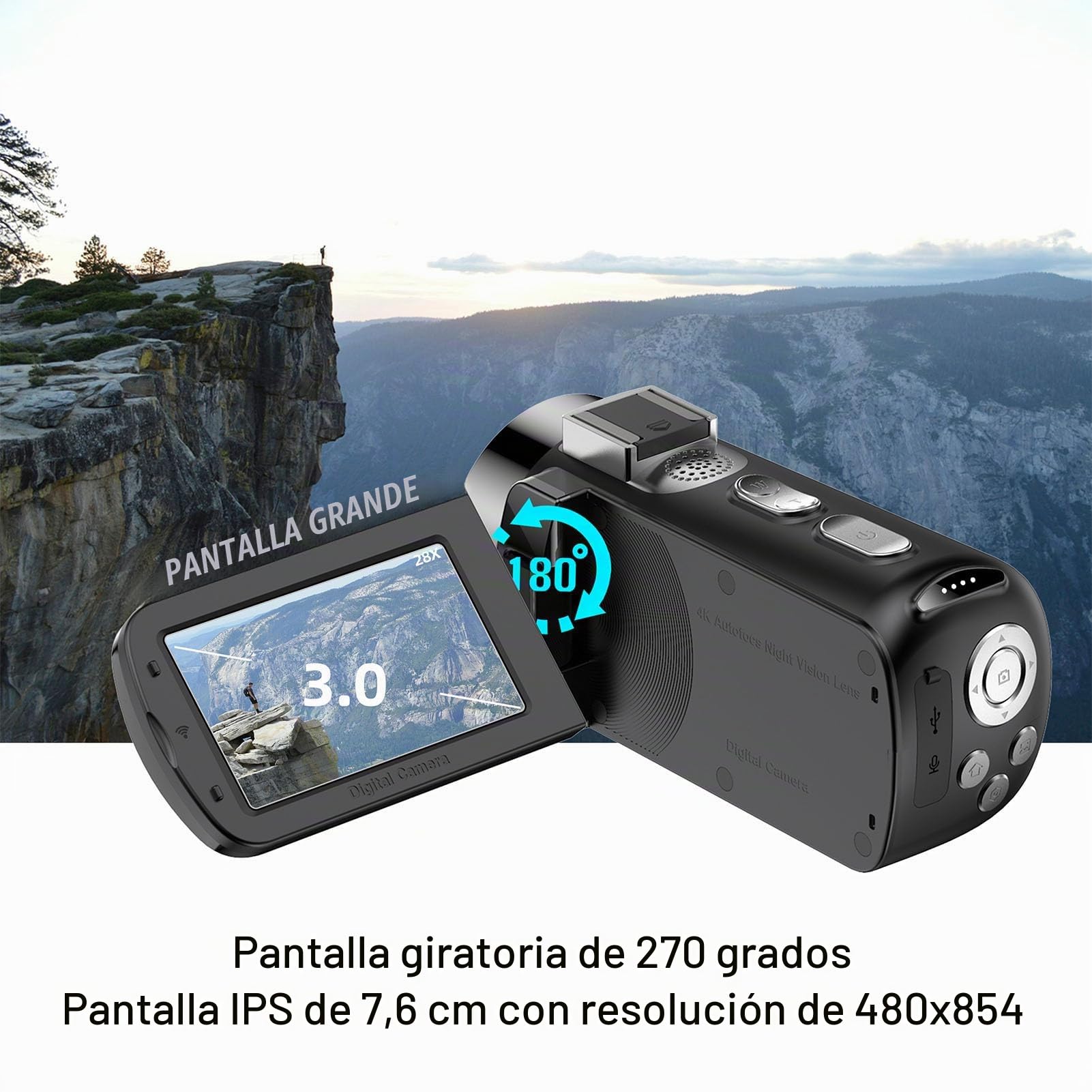 Cámara de Vídeo 4K, Videocámara HD Wi Fi de 64 MP con Zoom Digital de 28X, Grabadora de Vídeo con Pantalla de Rotación de 3 Pulgadas con Luz LED de Visión Nocturna, Cámara
