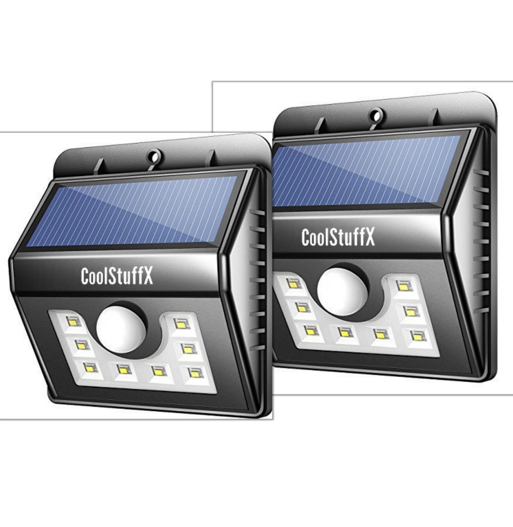 Coolstuffx 8 LED Motion Sensor Solar Security Lights. Waterproof, sensitive wide angle sensor, Ultra Bright LED, Smart lighting modes, security for Gardens, Driveway, Yard, Front door (Pack of 2)