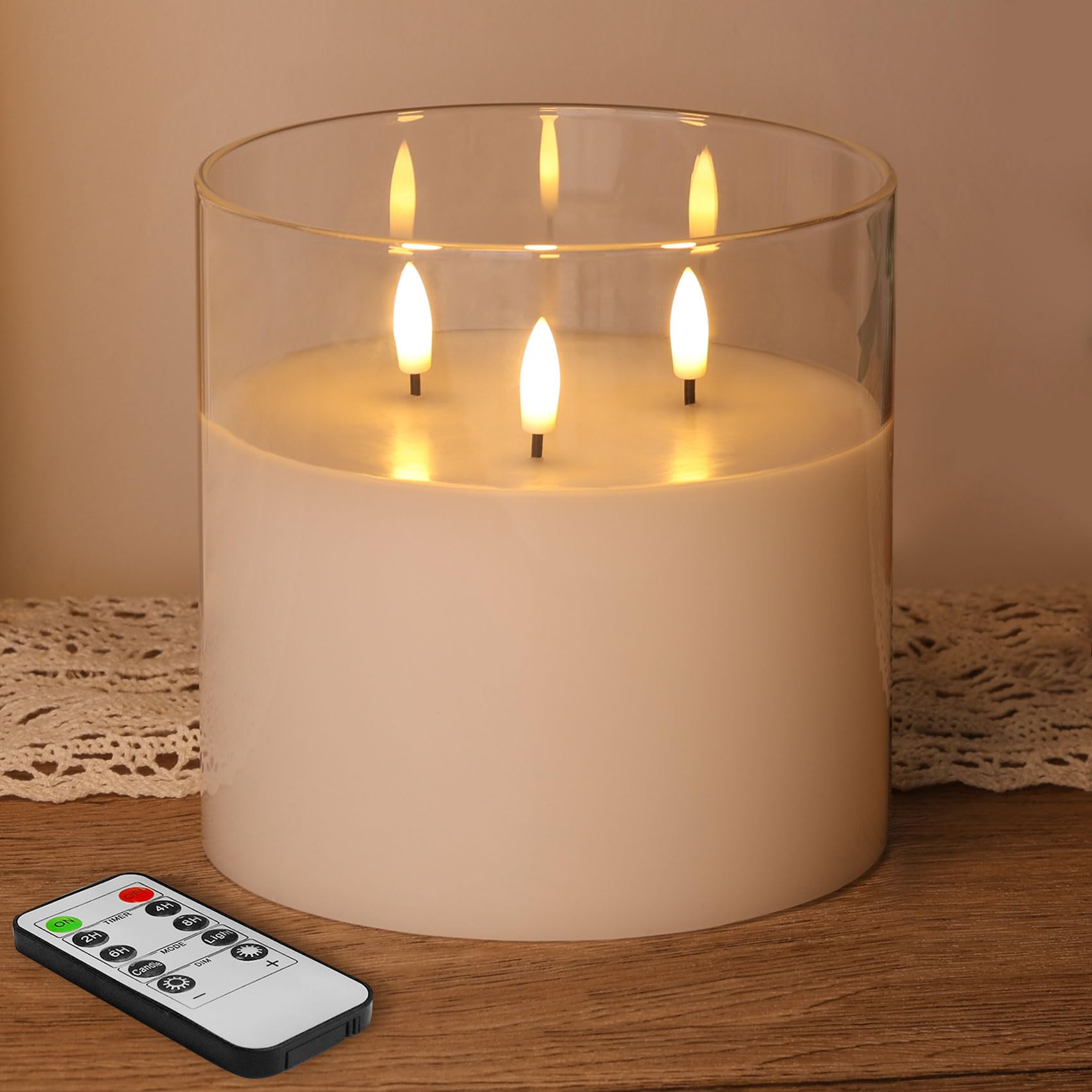 Eywamage 3 Wick Clear Glass Flameless Candle with Remote Large Flickering LED Battery Pillar Candle 6 H 6