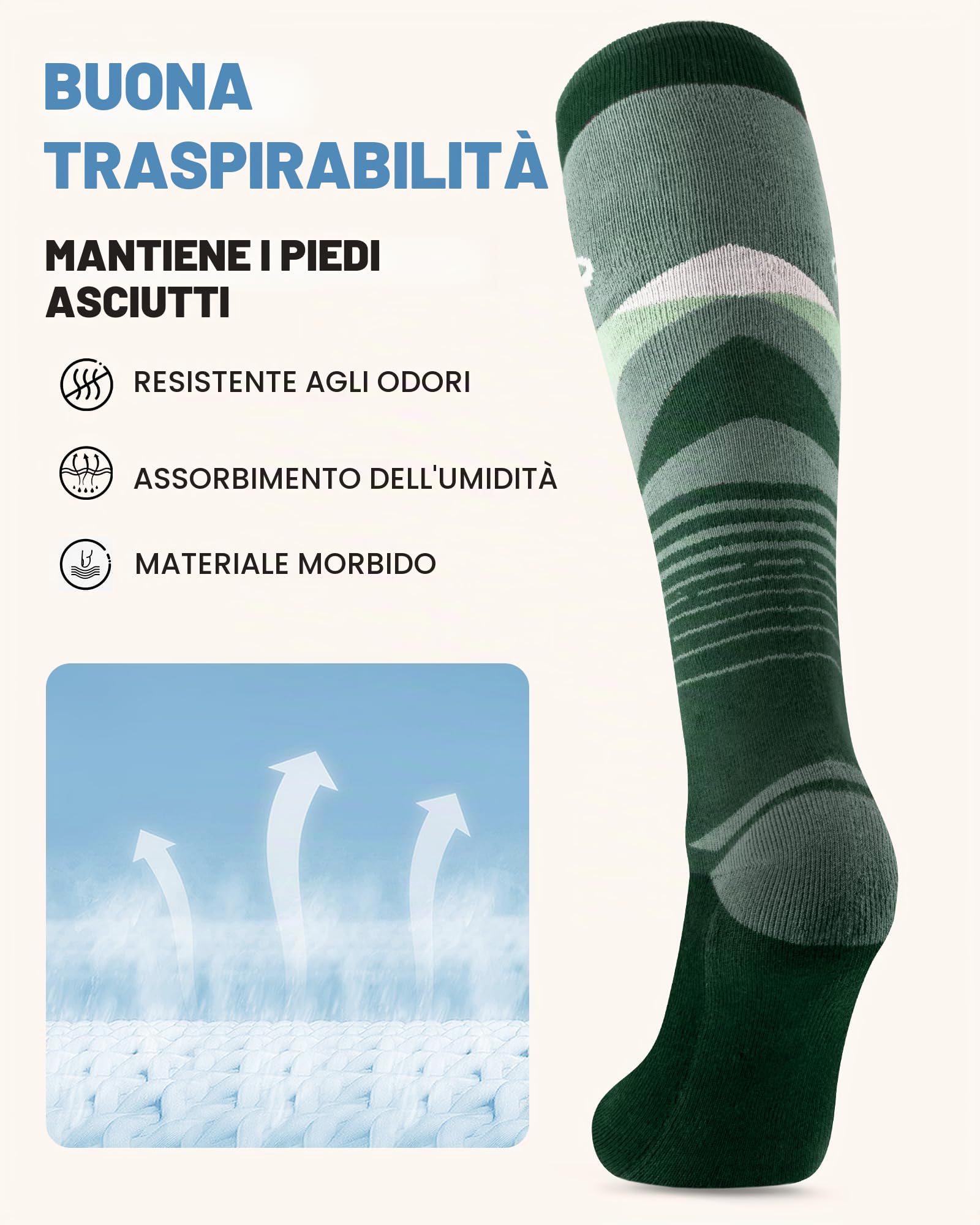 OutdoorMaster 2 Paia Calze da Sci per Uomo, Calze Termiche Invernali da Snowboard Traspiranti Termico per Sport All'aria aperta con Sopra il Polpaccio Design/Polsini Antiscivolo