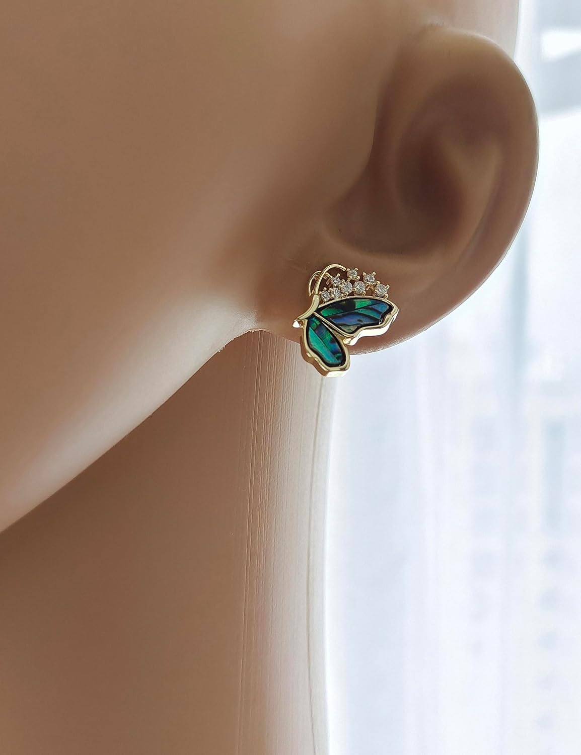 Abalone Shell Butterfly Stud Earrings for Women - Cubic Zirconia Crystals Half Butterfly Earrings in 14K Gold - Image 4