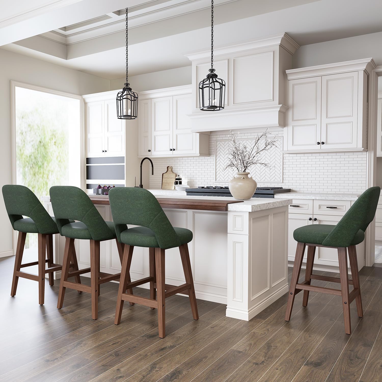 Rowill Counter Height Bar Stools, 26 Inch Bar Stools Set of 2 with Back, Upholstered Barstools with Footrest, Wood Legs, Fabric in Green