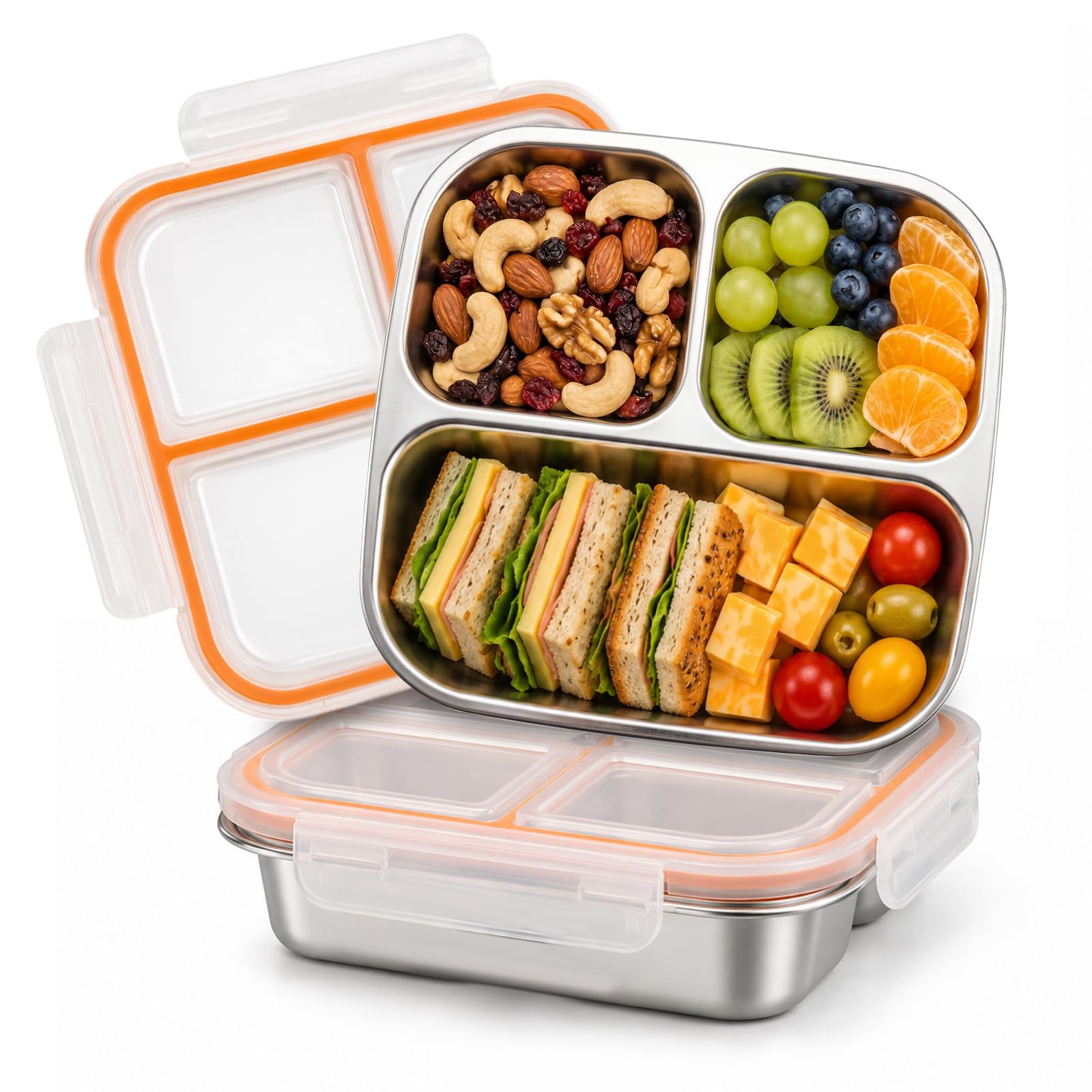 CGBE 2 Pack Stainless Steel Snack Box with 3 Compartments, Leakproof Bento Lunch Boxes with Snap Lock Lid, BPA Free Food Containers for Kids & Adults, Meal Prep, Travel, Work & School