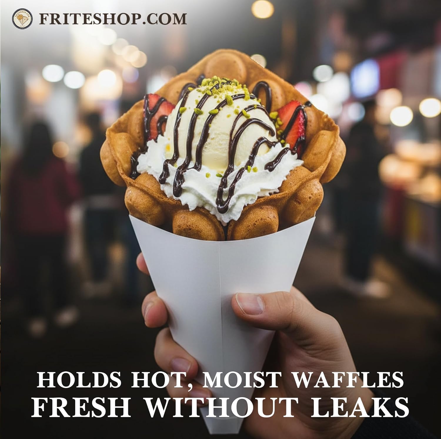 Friteshop Hongkong Egg Waffle White Cardboard Cones - Heavy Duty, Grease-Resistant, Food-Safe Disposable Bubble Waffle Cone Holder - Cones for Cafes, Food Trucks, Catering - 100 pk
