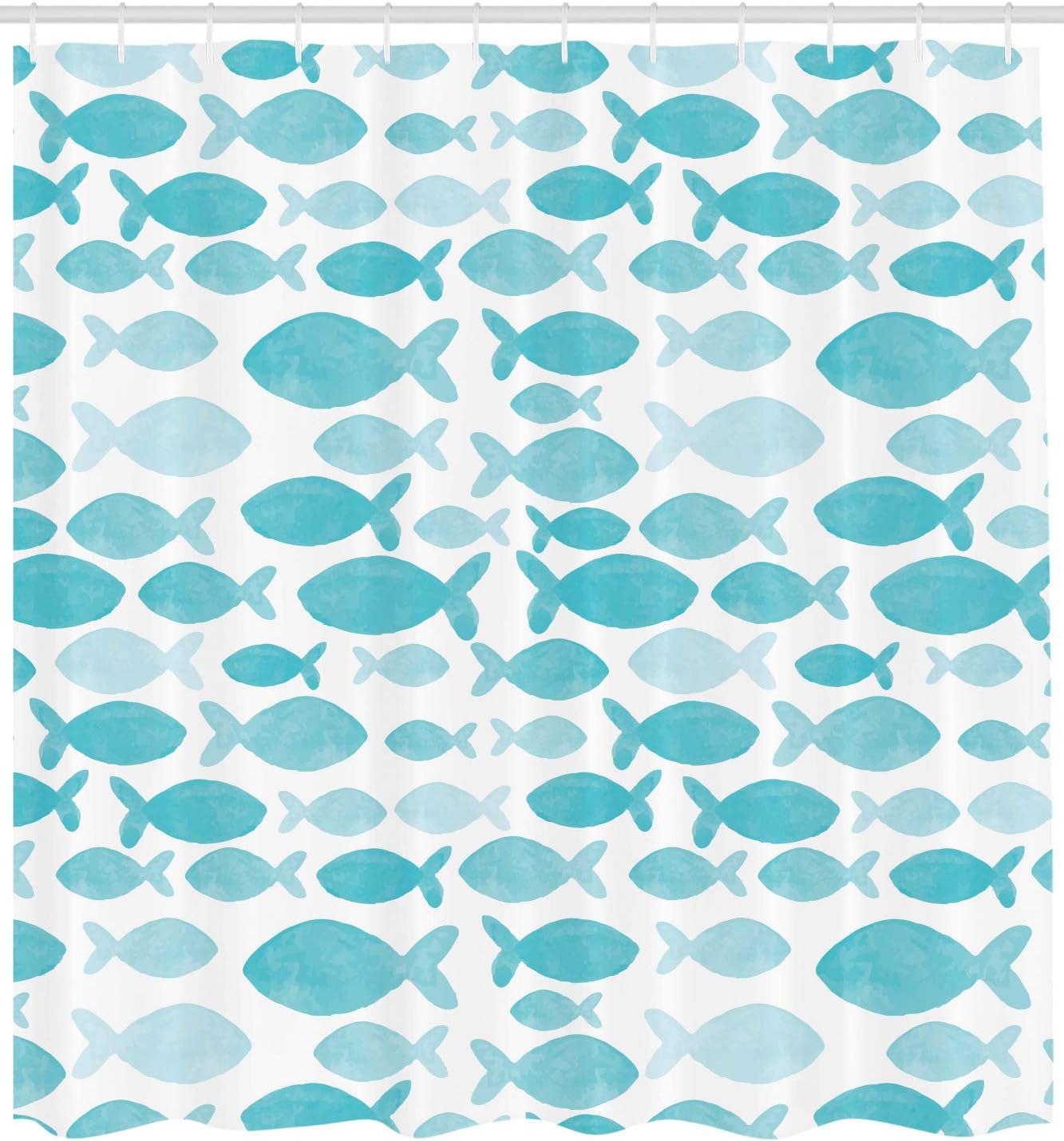 Ambesonne Fish Shower Curtain, Sea Animal in Watercolors Brushstrokes Theme, Cloth Fabric Bathroom Decor Set with Hooks, 69" W x 75" L, White Blue