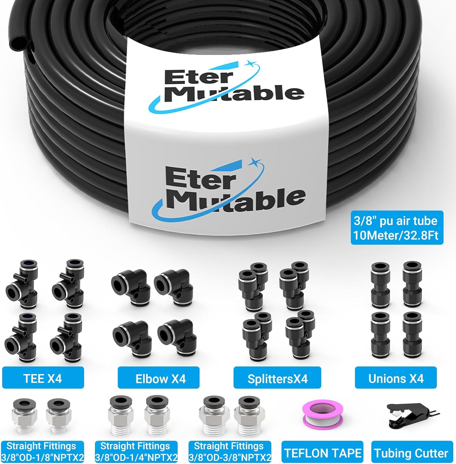 3/8 Inch OD Blcak Polyurethane PU Pneumatic Air Hose Tubing kits 32.8 Feet/10Meter Air Brake Line Tubing Compressed Accessories 25Packs