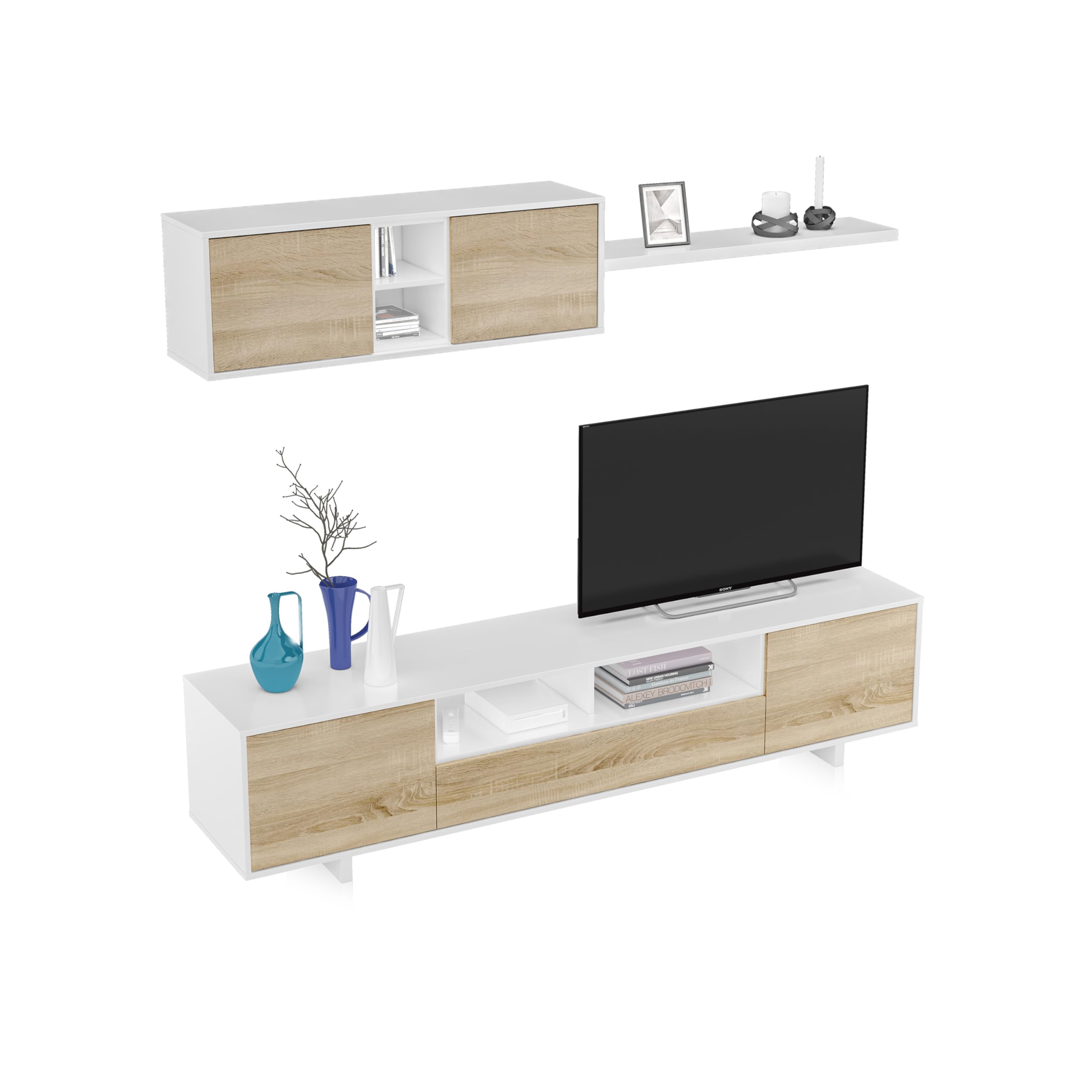 Habitdesign Mueble Salón Belus Estilo Nórdico 200x41 cm: conjunto de salón Modulable en melamina blanca Artik y roble Canadian