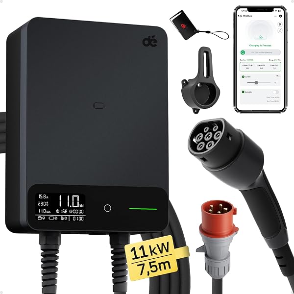dé Wallbox 11kW mit APP, 7,5m Typ 2 Ladekabel mit Kabelhalter, 3-Phasen EV-Ladegerät (6-16A, 400V), für BEV/PHEV, RCD Typ-B & IP54-Schutz, effiziente Ladestation für Zuhause, Schwarz - 1