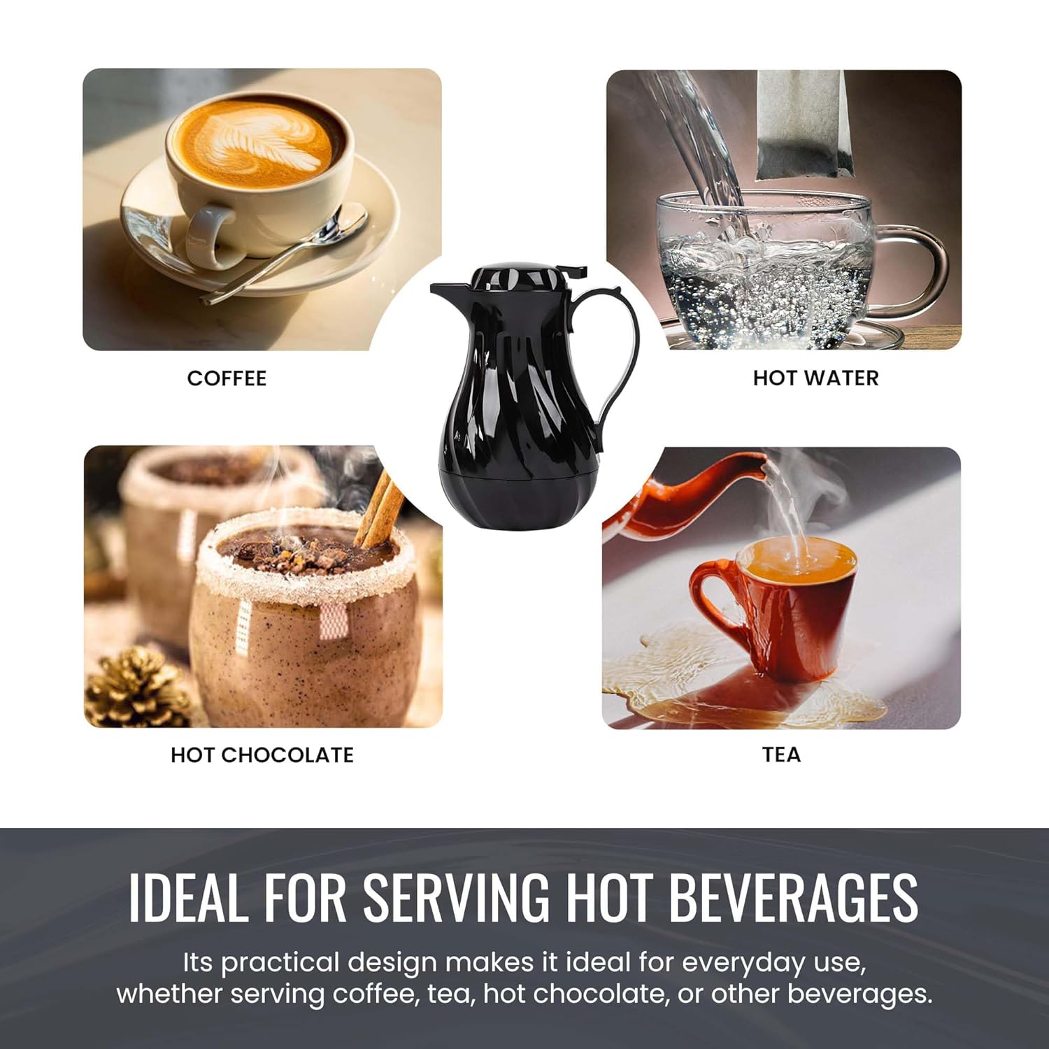 OCS Parts Set of 6 Easy Pour Thermal Coffee Carafes | 8-Inch Insulated Hot and Cold Beverage Pitcher Server for Coffee, Tea, Hot Chocolate and Water | 20-Ounce | Black