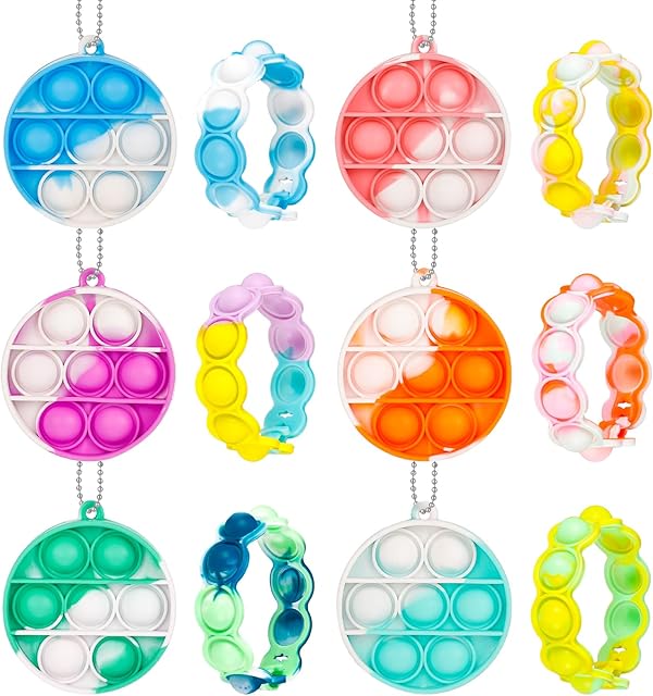 QINREN 12 Pack Mini Push It Fidget Toys, Stress Relief Bracelet & Squeeze Pop Bubble Fidget Keychain, Fidget Toys Pack for Kids Adult OCD, Anxiety