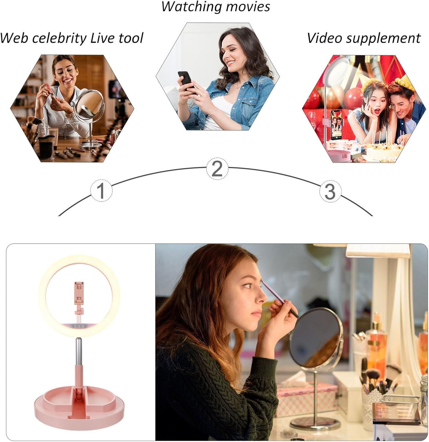 Foldable LED Ring Light with Mobile Phone Bracket Three-Color Dimmable Beauty Lamp Fill-in Light for Live Streaming and Photography