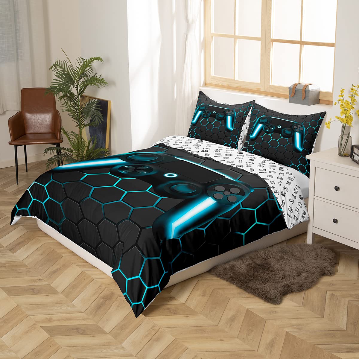 Set di biancheria da letto geometrica a nido d'ape per ragazzi Gamer Gamepad Set di copripiumino per gioco per bambini e ragazzi con geometria esagonale alveare con 1 federa per cuscino singolo