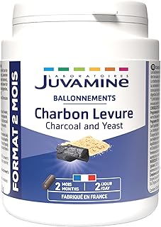 JUVAMINE Charbon Levure, Digestion, Gaz intestinaux, Ballonnements, Contribue à Réduire l'excès de Flatulences, Programme de 2 mois, 120 Gélules, Fabriqué en France