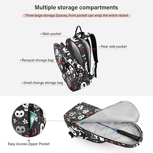 Miniatura 5 de Tennis Racket Ball Backpack Water Resistant Funny Skull Heart Black 3 Rackets Badminton Bag Case for Tennis, Badminton, Pickleball bolsa para