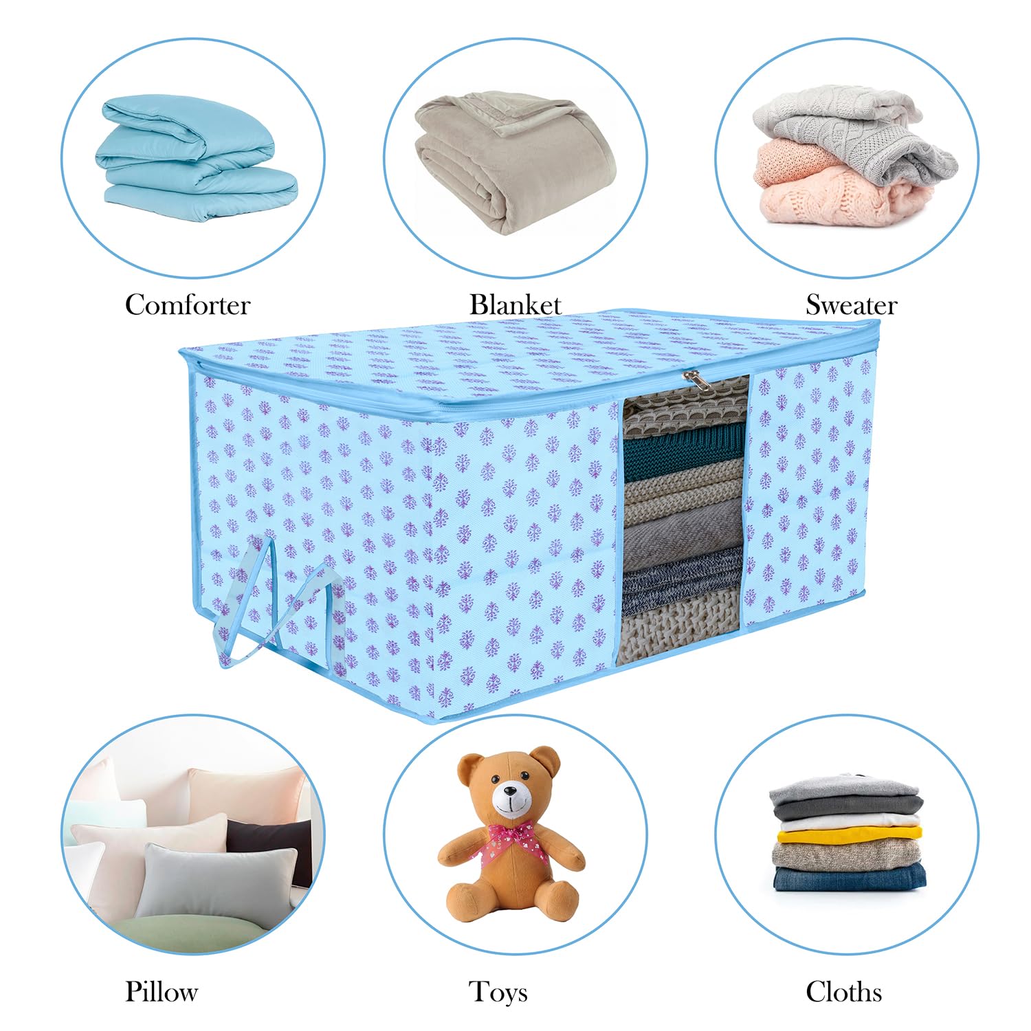 Kuber Industries Unterbett-Aufbewahrungstasche | Kleideraufbewahrung | Deckenbezug mit transparentem Fenster | Reißverschluss und Griff | Stoff-Organizer | Blumen-Design | groß | 4 Stück | Himmelblau