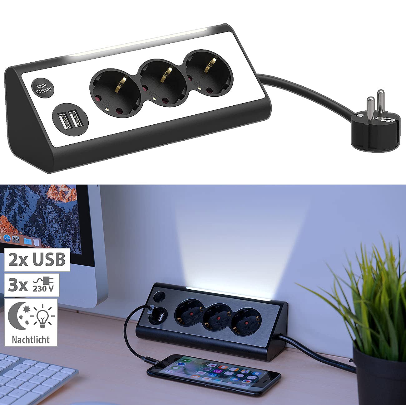 revolt Steckdosenverteiler: 2er-Set 3-Fach-Eck-Steckdosenleiste mit 2 USB-Lade-Ports & Nachtlicht (Steckdosenblock, Eck-Steckdose, Apple iPhone Ladekabel)
