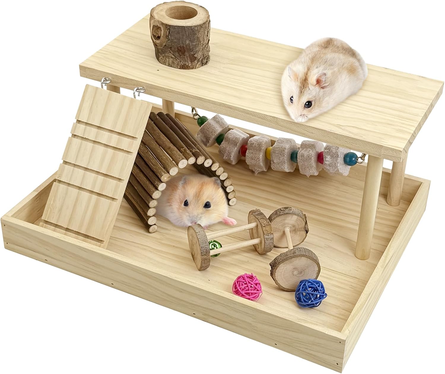 Hamiledyi Dwarf Hamster Activity Playground Mice Living Gym System Set Natural Wood Gerbil Climbing Platform Syrian Exercise Cage Accessories with Lava Stone String Chewing Toy Ladder Bridge Ramp