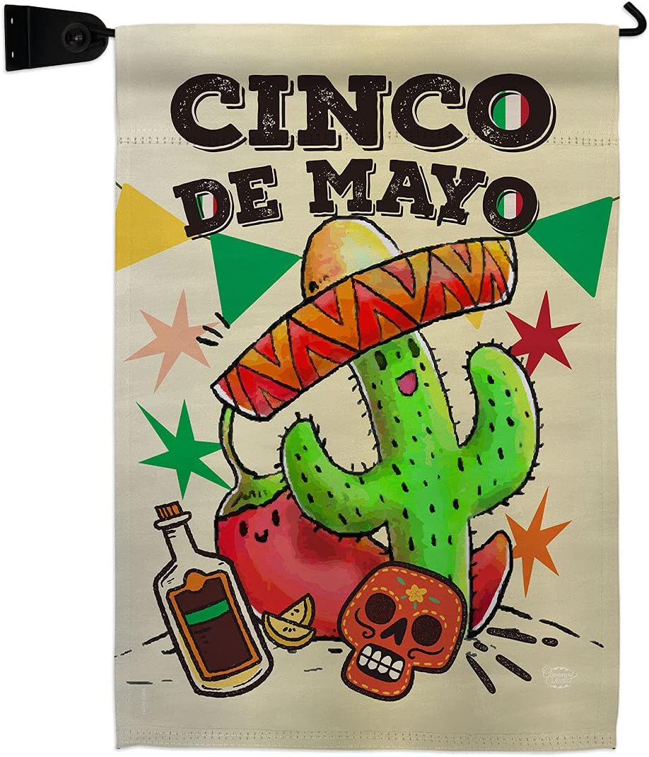 El Cinco de Mayo Garden Flag Set Wall Holder Summertime Party Cactus Pinata Sombrero Mexican Fiesta Outdoor Small Decorative Gift Yard House Banner Made In USA 13 X 18.5