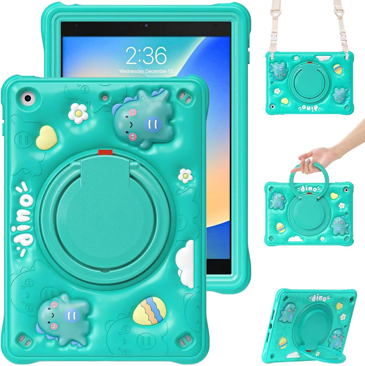 Shockproof Kids Case for iPad 10.2 2021/2020/2019 (9th/8th/7th Gen), Heavy Duty Dinosaur Design with 360° Rotating Hand Strap, Kickstand, Adjustable Shoulder Strap, Cute Protective Cover for Children