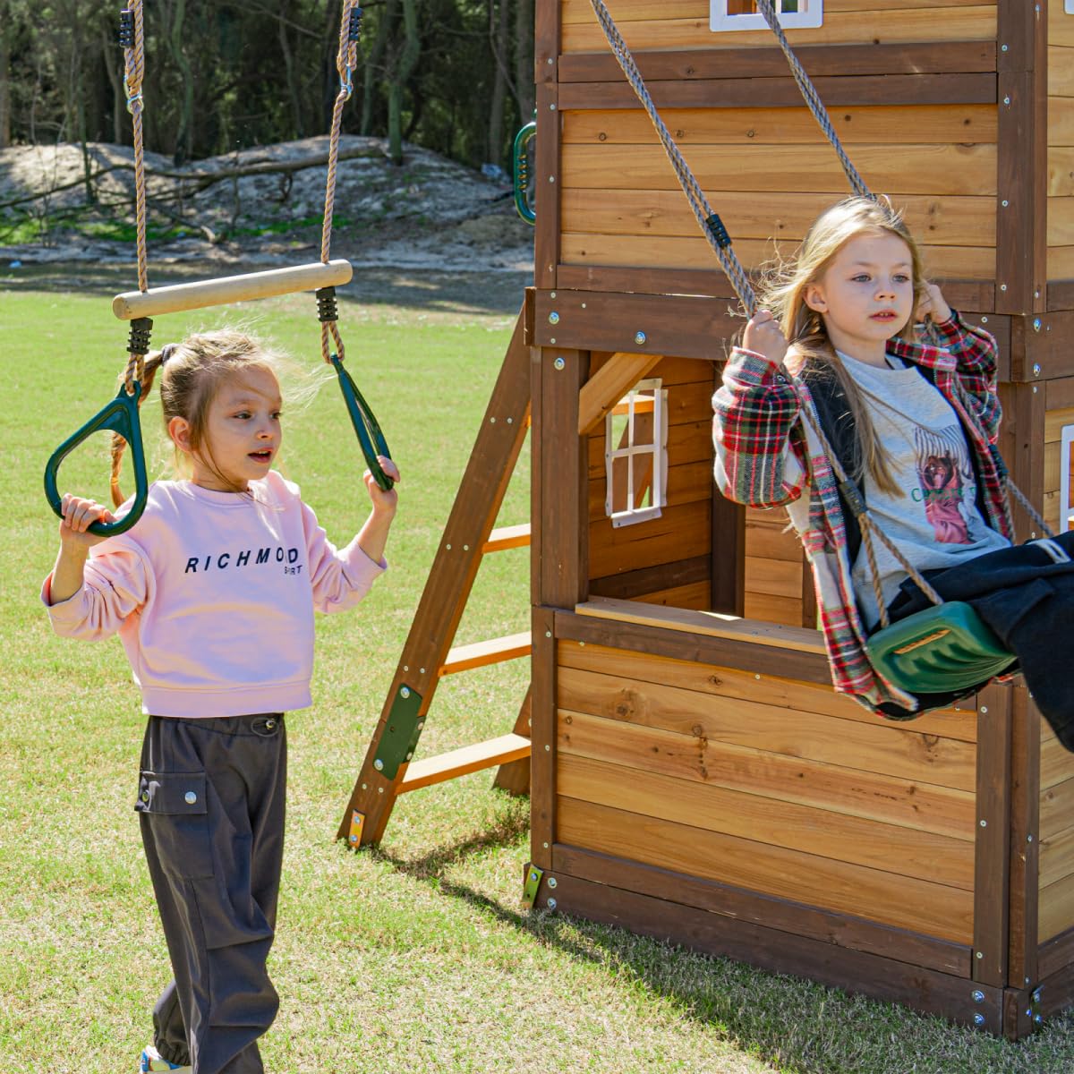 DOLPHIN PLAYGROUND T Schaukel-Set mit Rutsche, 2 Schaukeln, Trapezstange, Kletterwand & Spielhaus mit Spielküche und Holzdach – Outdoor-Spielgerät aus Zedernholz für Kinder ab 3 Jahren | Rutsche, 2 Schaukeln, Trapezstange, Kletterwand – Outdoor-Spielgerät