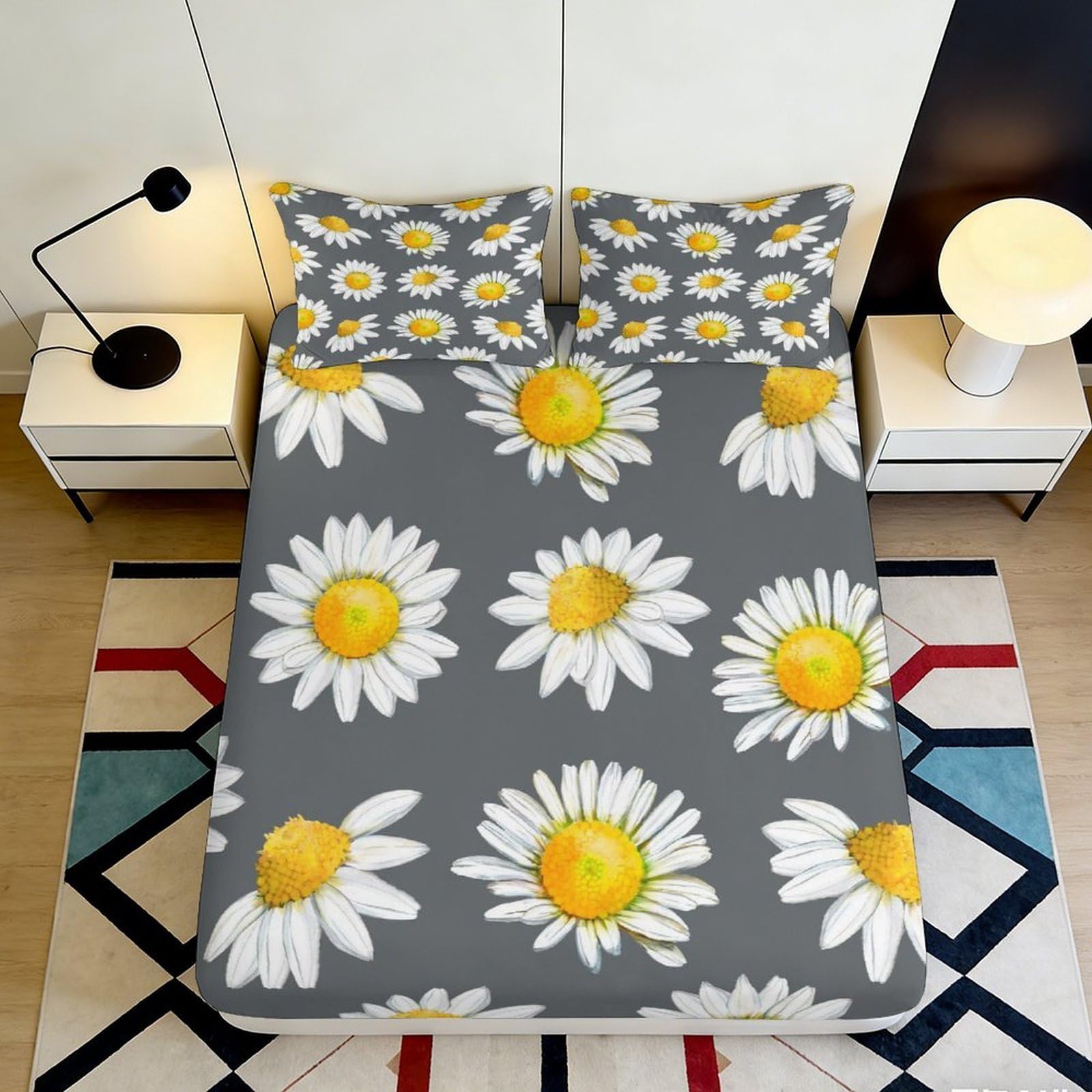 3D Printed Daisy Flower Fitted Sheet Microfiber Soft Grey Sunflower Mattress Cover for Bedroom Dorm Decor Protection 90x200x25cm