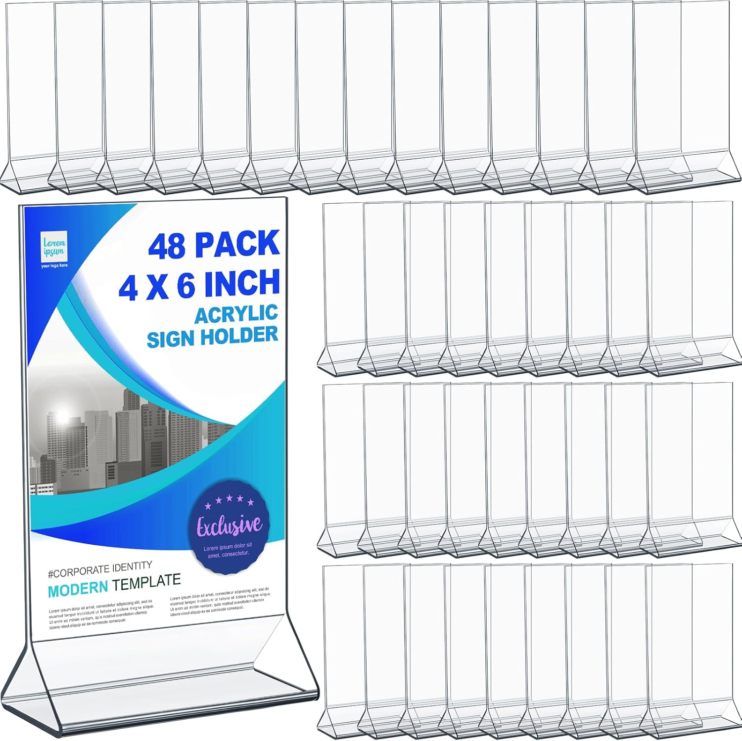 Sintuff 48 Pack Acrylic Sign Holder 4 x 6 Clear Display Stand Double-sided Vertical Stands for Display in Table Menu Acrylic Frame Paper Flyer Holder for Office Supplies Business Essential