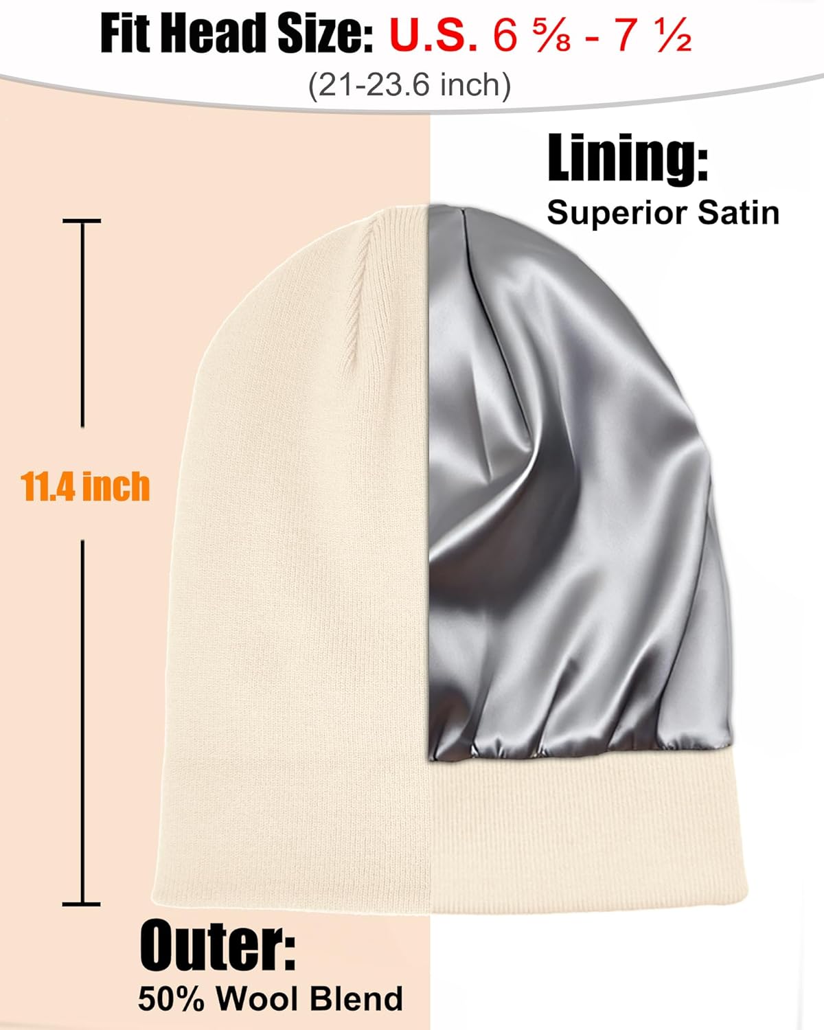 Satin Lined Beanie Hat for Women Men, Wool Knit Cuffed Silk Lining Fisherman Beanies Slouchy Warm Winter Hats Skull Cap - Image 3