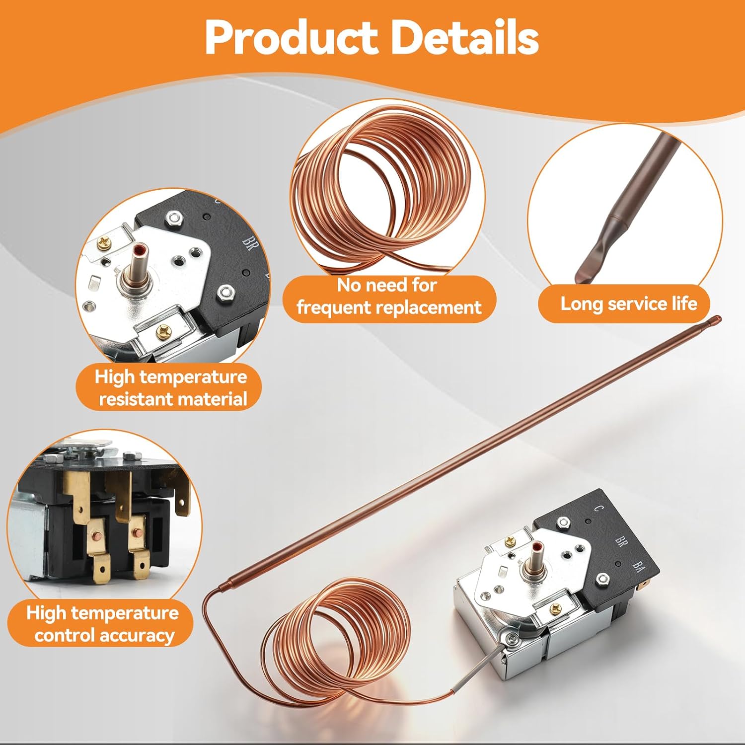 KKTB-18-48 Oven Thermostat Compatible with Robertshaw for Awoco Gas Range Stoves for Thor 07.12.0017-A0 for Forno, 5A 120VAC, Max Temperature 599°F, 48″ Capillary Tube