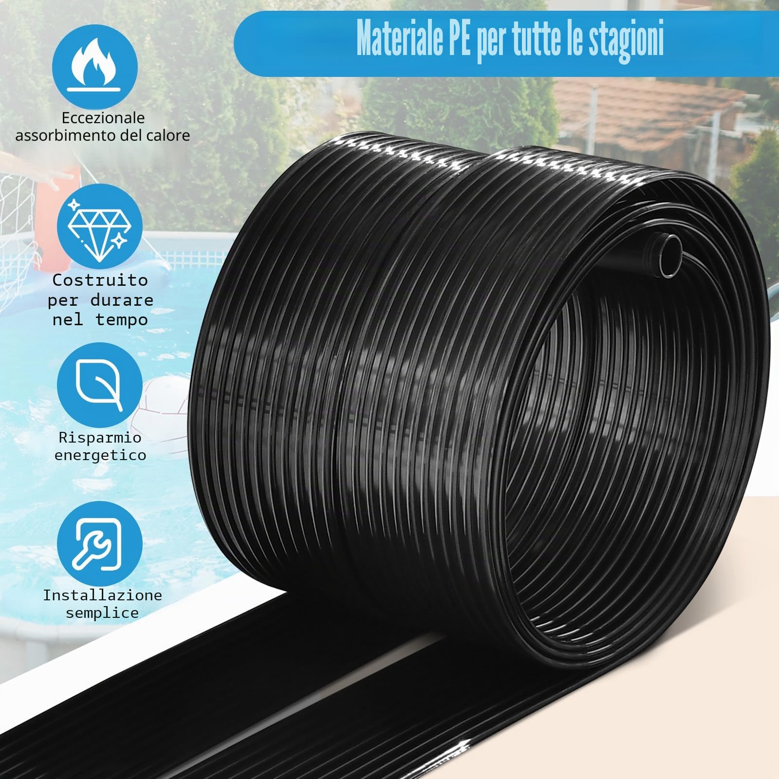 SOARS Riscaldatore Solare, Set di 2 Pannelli Solari per Piscina Fuori Terra, Materiale PE di qualità, Set di Accessori Completi, per Piscina Fino a 12000L di Acqua, Nero (3 x 0,75 m)
