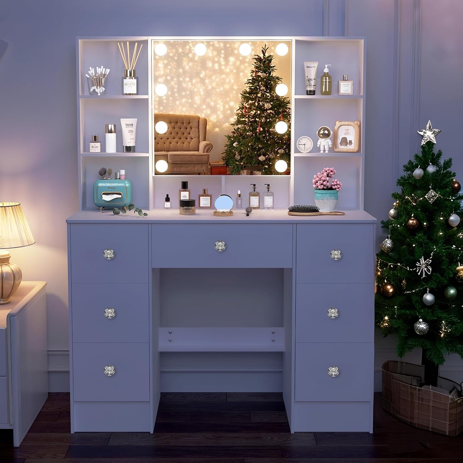 White Vanity Desk with Mirror,Make up Vanity with 7 Drawers 10 Shelves & Open LED Mirror,3 Modes Light Adjustable,Vanity Desk for Bedroom,White,39.5" L*15.8" W*55.2" H.