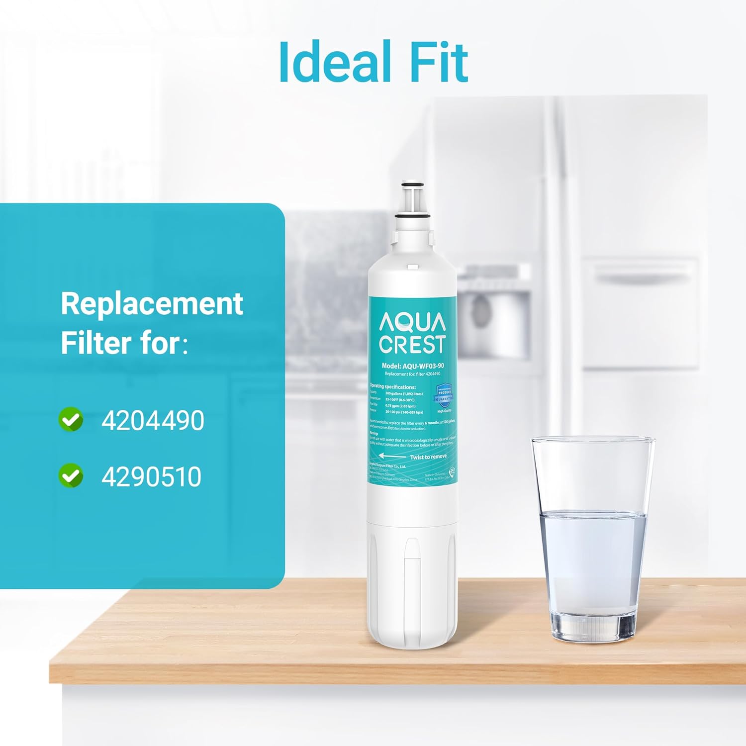 AQUA CREST 4204490 Subzero Water Filter Replacement for Sub-Zero 4204490,4290510, Compatible with Sub Zero Water Filter Replacement 4204490, 4290510,NSF/ANSI 42,Pack of 2