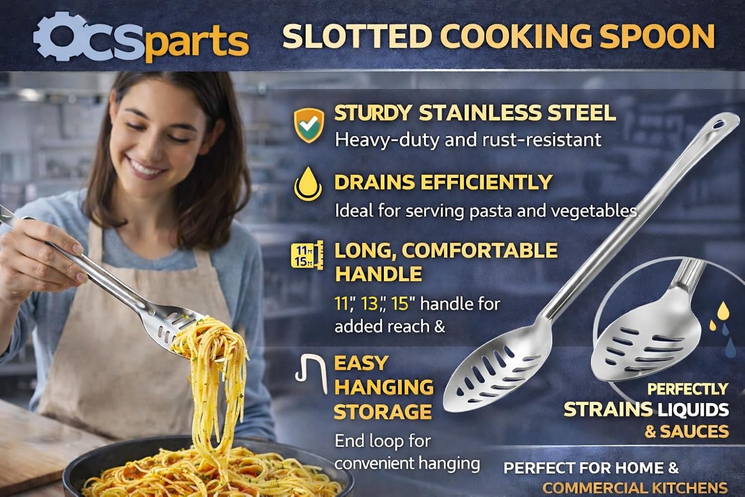 OCS Parts Professional Series Slotted Long Handle Cooking Spoon | Stainless Steel Stirring and Basting Spoon for Home and Commercial Kitchens | Perfectly Drains Liquid and Sauces (12, 15-Inch)