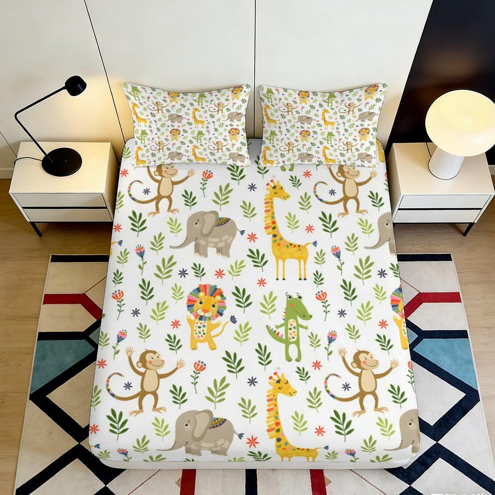 3D Printed Jungle Animals Fitted Sheet Microfiber Soft Breathable Cartoon Safari Bed Cover for Bedroom Dormitory Guest Room Mattress Protection 160x200x25cm