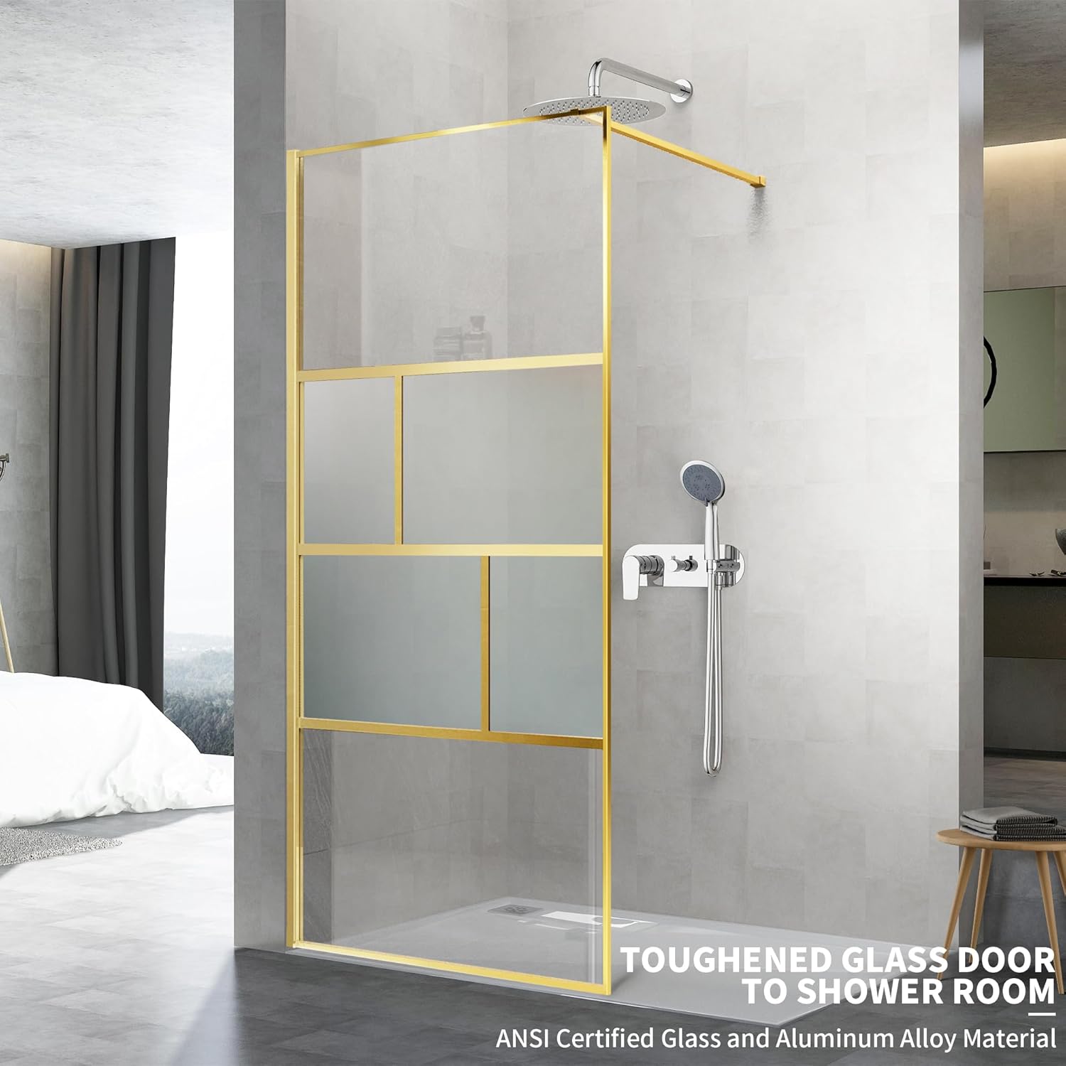 Shower Glass Door 34"*74", Framed Grid Fixed Shower Glass Door for Walk-in Bathroom, 5/16"(8mm) ANSI Tempered Glass and Frosted Glass Shower Door Panel, Brushed Gold