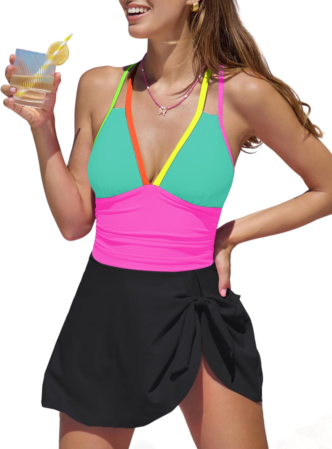 popvil Swim Dress One Piece Swimsuits Women Tummy Control for Women 2026 Sexy Beach Tie Back Bathing Suit Skirt