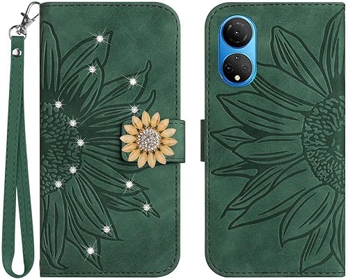 Miniatura 9 de ONV Funda tipo cartera para Huawei Honor X7 - Luxry Diamond Shine Flip Funda de piel con ranura para tarjeta en relieve de flores y atril cubierta