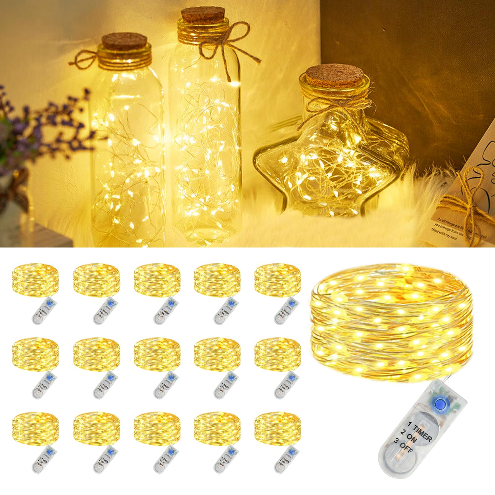 16 unidades de micro luces LED con batería CR2032, IP65, resistente al agua con temporizador, 2 m, 21 ledes, mini cadena de luces LED para interior de jardín, interior, exterior, decoración navideña,