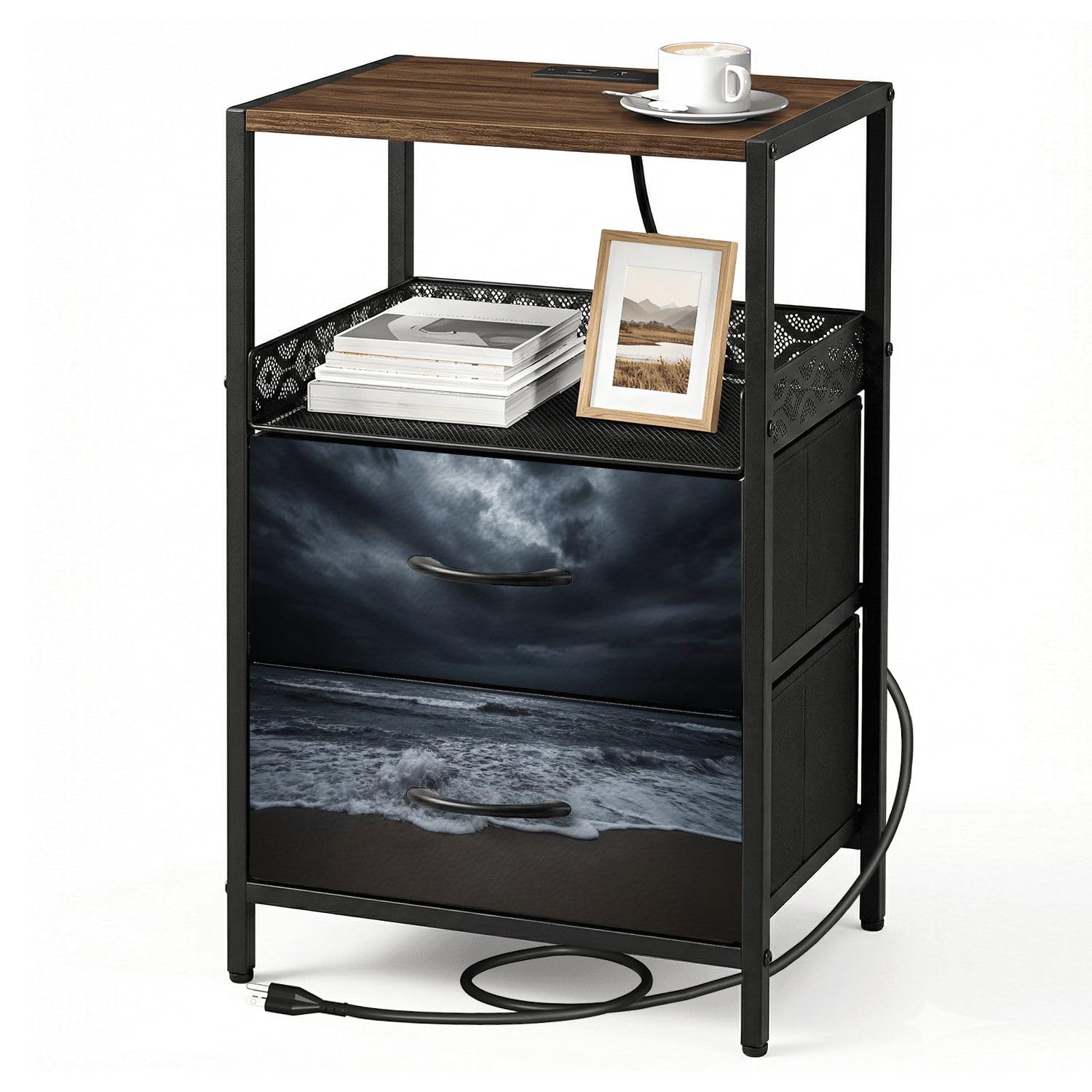 Night Stand with Charging Station Bedside Table with 2 Fabric Drawers Stormy sea Coastal Ocean Bedroom Nightstand with USB Ports & Outlets Open Shelf Black