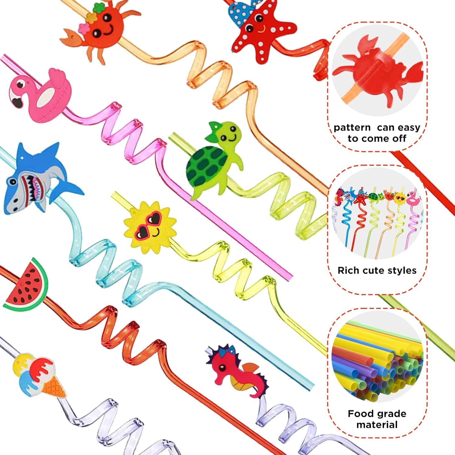 QKP 16PCS Reusable Sea Animal Beach Straws, Swirly Drinking Straws for Party Favors, Birthday Party Supplies with 2 PCS Cleaning Brushes(Pink + Blue) - Image 2