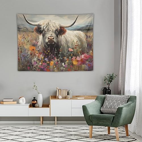 Miniatura 4 de Tapiz para colgar en la pared, decoración de dormitorio, hogar, sala de estar, tapices de arte de pared, animales de las tierras altas, vaca, flor,
