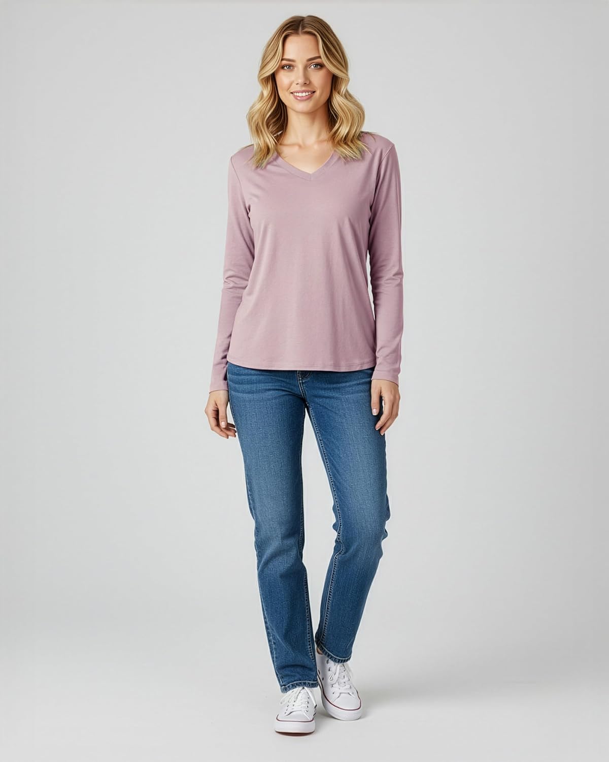 Real Essentials 4 Pack: Women's V-Neck Cotton Long-Sleeve T-Shirt (Available in Plus Size) - Image 4
