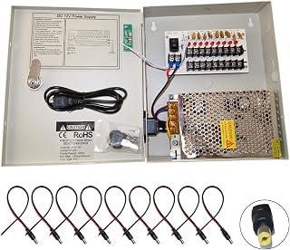 Evertech 8 Channel 9 Port Power Box Security Camera 12V DC 5A Amper CCTV DVR Power Supply Switch Box Key Locked with 9 Pcs. Male Power Jack (9 Port)
