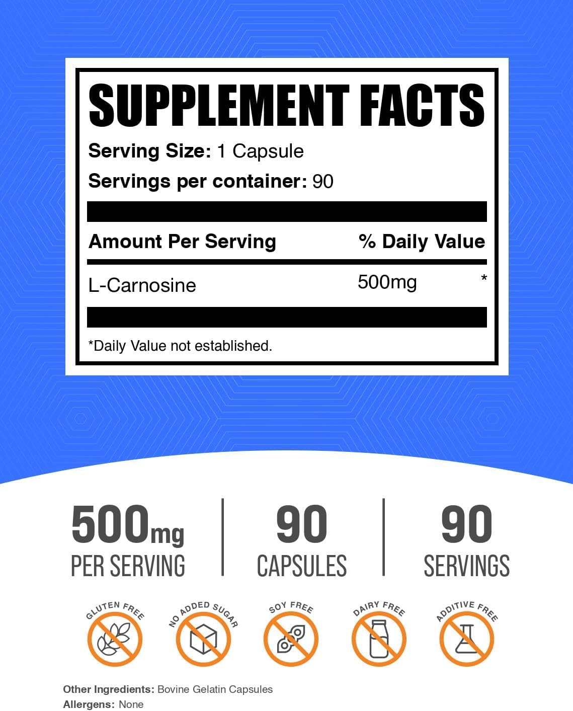 BulkSupplements.com L-Carnosine Capsules - Carnosine Supplement, Antioxidants Supplement, Carnosine 500mg - Gluten Free, 1 Capsule per Serving, 90 Capsules (Pack of 1) - Image 2