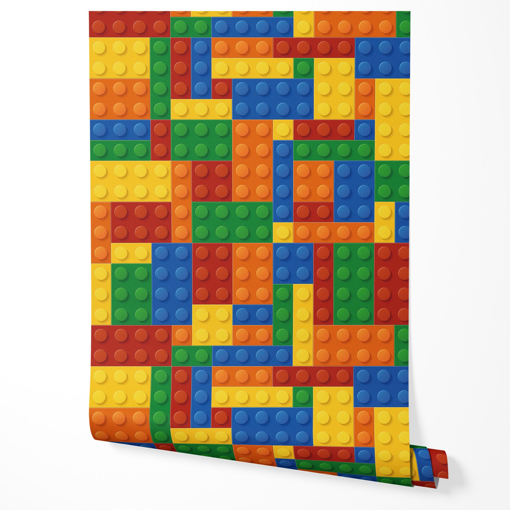 Wallpaper kids room colorful building blocks toy pattern lego style modern wall decor for boys and girls nursery bedroom playroom red blue yellow green UV-resistant non-woven wallpaper 197 x 20 in