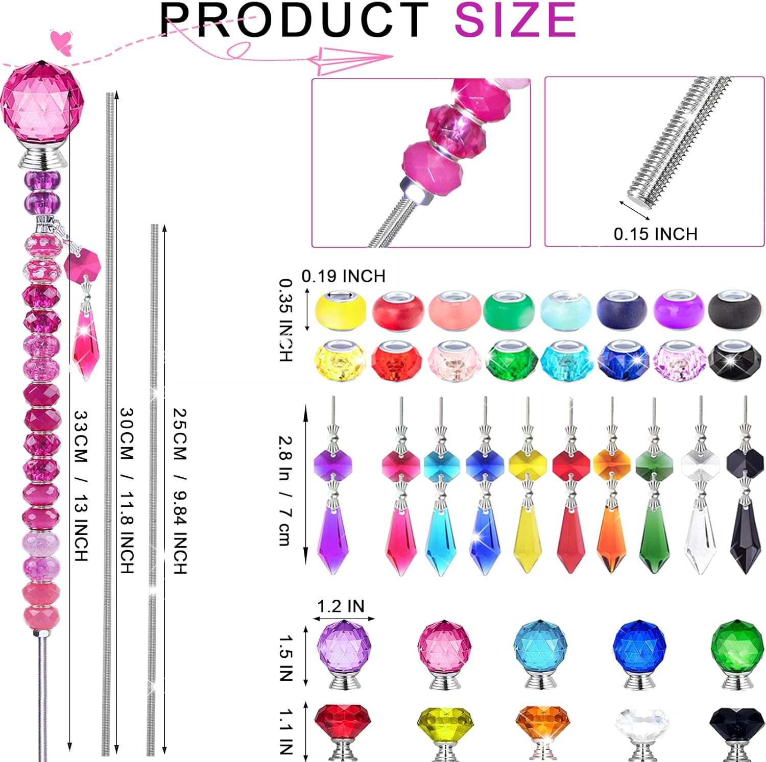 300 Pcs DIY Fairy Wand Beaded Garden Stakes Kit, Fairy Wands Garden Kit Colorful Large Hole Bead with Pendants Crystal Stopper Top Threaded Rod Beaded Garden Stakes Supplies for Outdoor Decorative - Image 5